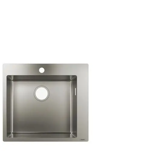 Edelstahlspüle von Hansgrohe mit rechteckiger Form und zentralem Ablaufloch. Die Oberfläche ist glatt und strukturiert, geeignet für den Einbau in Küchen.